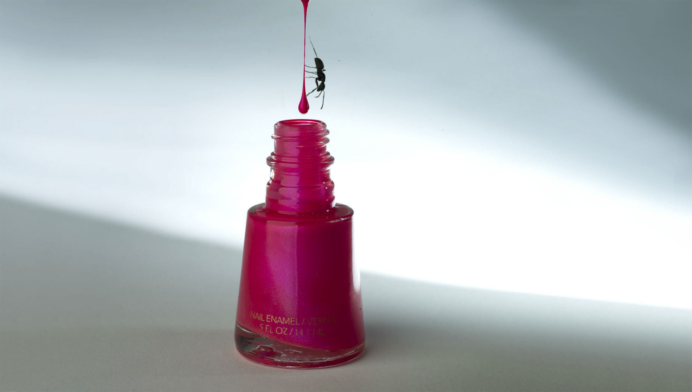 Lady Revlon Nail Polish Enamel Product Photography with Ant Climbing Down lustrous drip drop By Wick Beavers creative advertising product Photographer NYC LA Rome Paris London