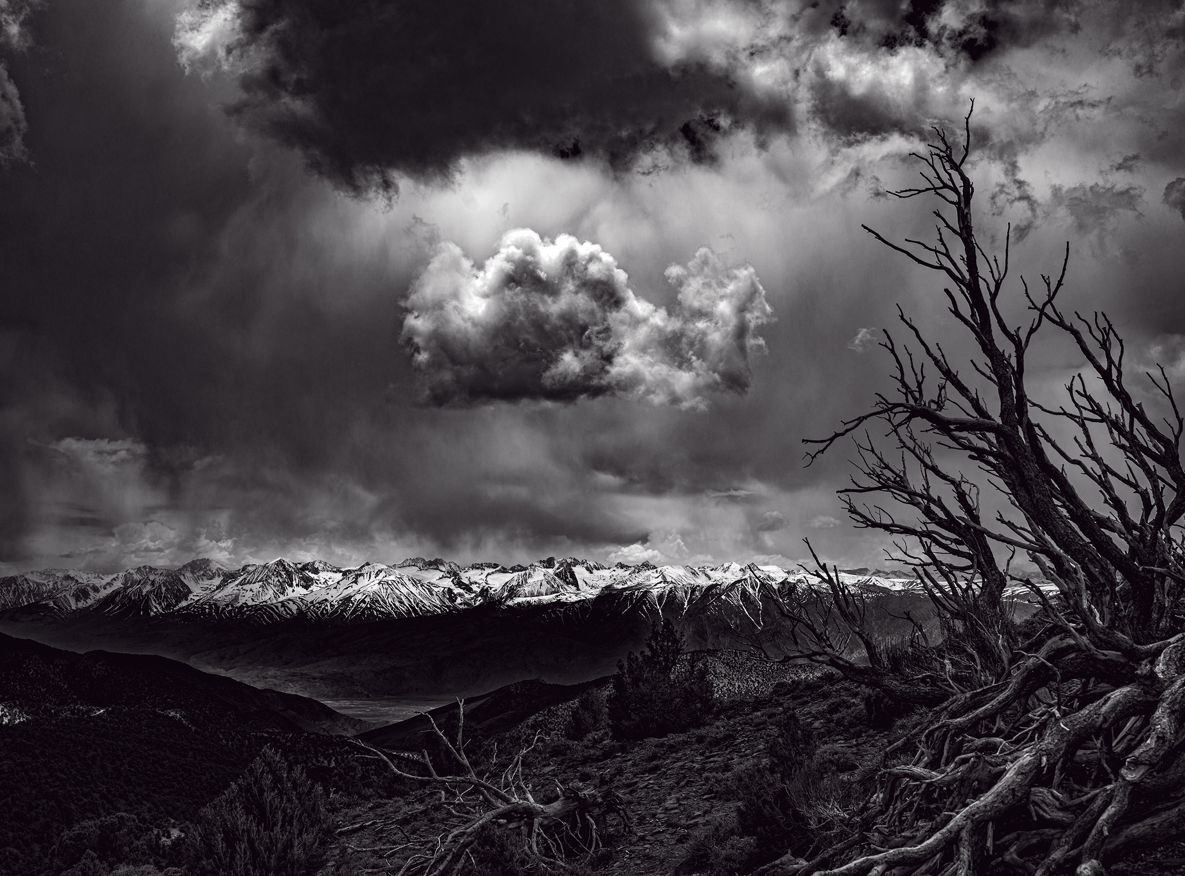 Sierras and Big Pine, with  Mt Whitney, Panorama shot from near the Ancient Bristlecone Pine Forest White Mountains by Great Landscape Photographer and Best Portrait Photographer Wick Beavers NYC LA Paris London Berlin Munich